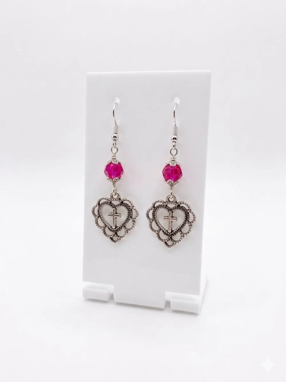 Silver Heart Cross Dangle Earrings with CZECH Pink Bead